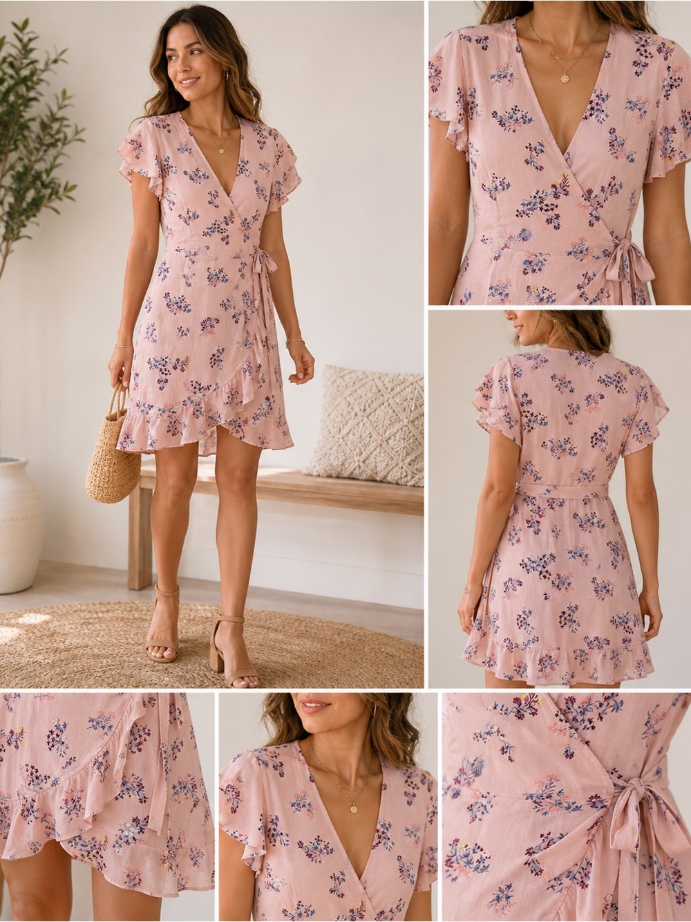 Francesca’s Blue Rain Pink Floral Wrap Dress Ruffle Hem Medium